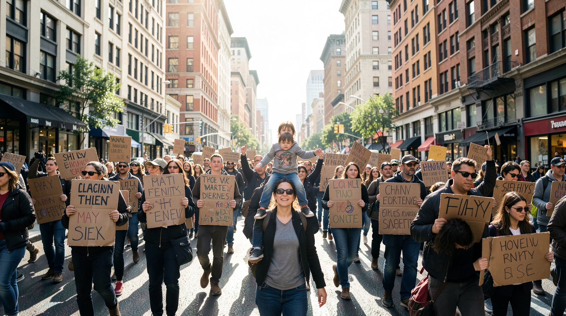 A wide street downtown filled with marchers carrying handmade signs at midday under May light.