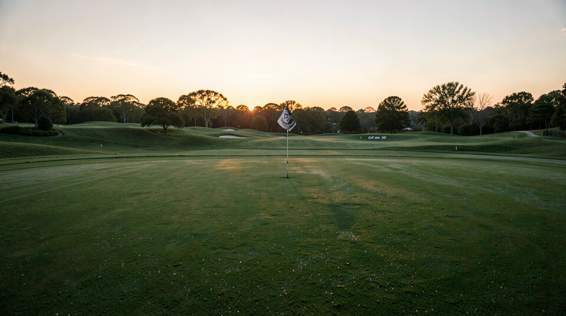 An empty practice green at a LIV Golf venue at sunrise, the league's logo on a flagstick at the back.