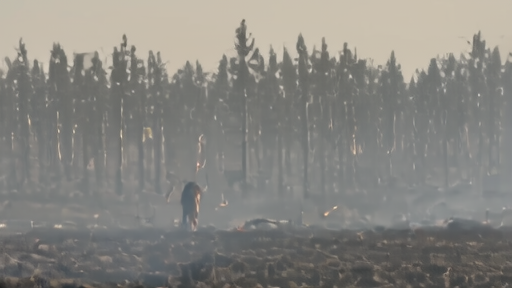 A South Georgia pine plantation in the smoldering aftermath of fire passage with a ground crew running mop-up along a fire line.
