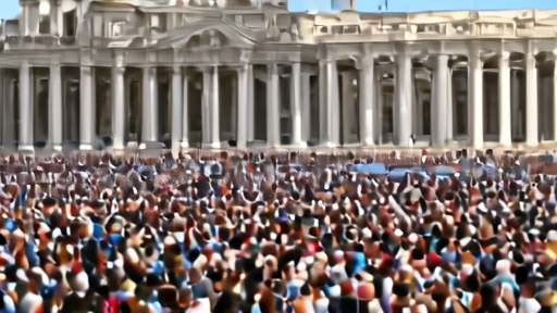 Pope Leo XIV at the morning audience podium in St. Peter's Square, raising his hand mid-gesture during the May 1 catechesis with thousands of pilgrims gathered.