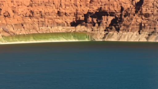 The Glen Canyon Dam at Lake Powell with a low water line visible against the canyon wall and a reduced spillway flow.