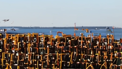 A Canadian snow crab boat at dock in the southern Gulf of St. Lawrence with stacked traps and color-coded line markings visible.