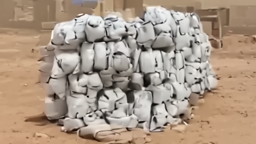 A row of empty WFP food-distribution sacks stacked outside a humanitarian compound in eastern Sudan.