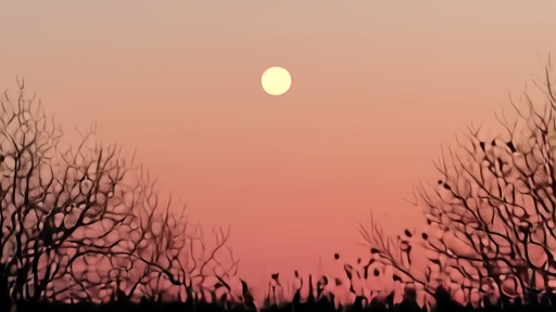 A full moon rising over a dark eastern horizon with a faint cluster of trees in the foreground silhouette.