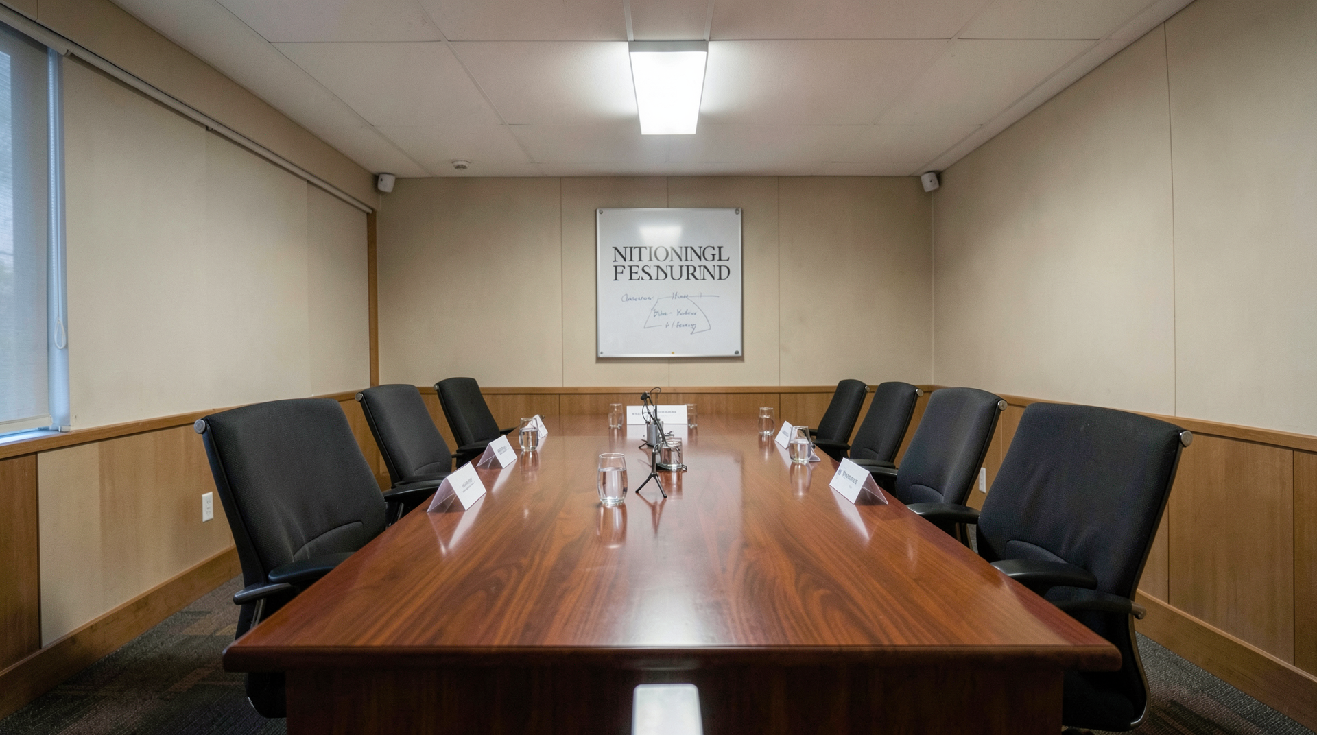 An empty meeting room at the National Science Foundation with a long table set for a board meeting that did not occur.