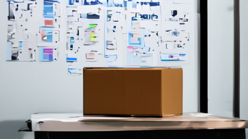 Empty research lab interior with smoke-modeling charts on the wall and a packed cardboard box on a desk near a darkened monitor
