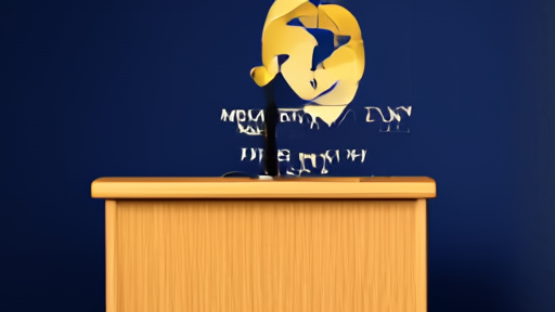 An empty livestream studio with the Pulitzer Prize gold medal logo on a backdrop and a single microphone at a wood lectern