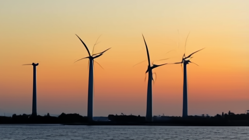 An offshore wind installation vessel sitting idle off a New Jersey staging port at sunset, with three completed turbine monopile foundations visible in the water.