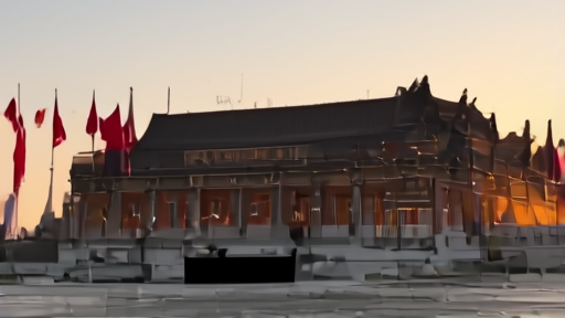 The Great Hall of the People in Beijing at dusk, red flags on the facade and a black state limousine in the foreground
