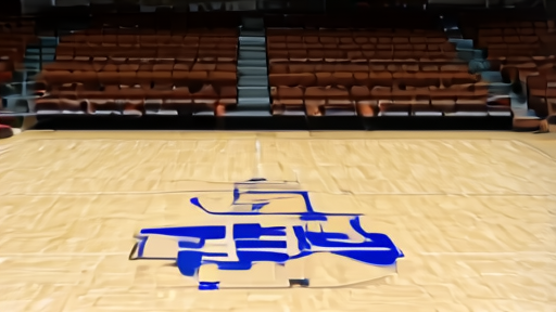An empty WNBA arena floor with a polished hardwood court and the league logo at center, fold-out seats around the perimeter