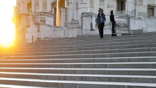 Federal courthouse exterior in San Francisco at golden hour, with the empty stone steps and a single attorney in business dress walking up carrying a redweld file.
