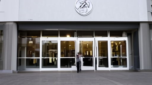 Voice of America's Washington headquarters exterior at midmorning with a few staff returning through the doors.