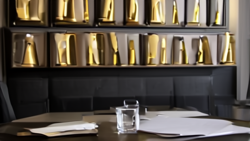 A music publisher's office at dusk with a wall of platinum records and an empty conference table.