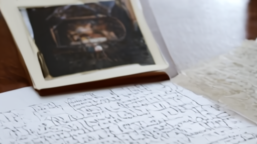 A printed photograph on a wooden desk beside a handwritten letter and a missal, with the curve of a rosary at the edge of frame