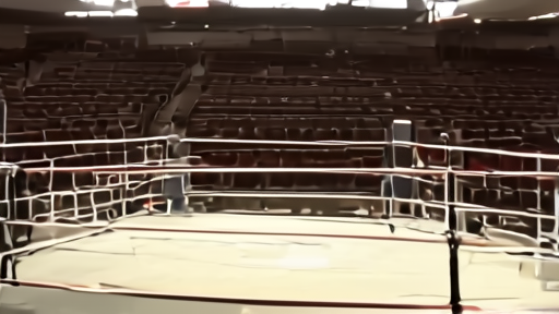 An empty boxing ring at T-Mobile Arena under hung lights with crew preparing the canvas.