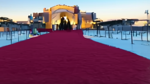 The empty Grand Théâtre Lumière at the Palais des Festivals with the Cannes step-and-repeat at dusk.