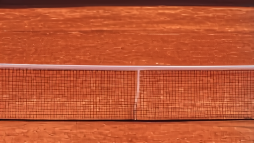 An empty clay-court tennis stadium under late-afternoon sun with a single chair umpire stand and ground staff.