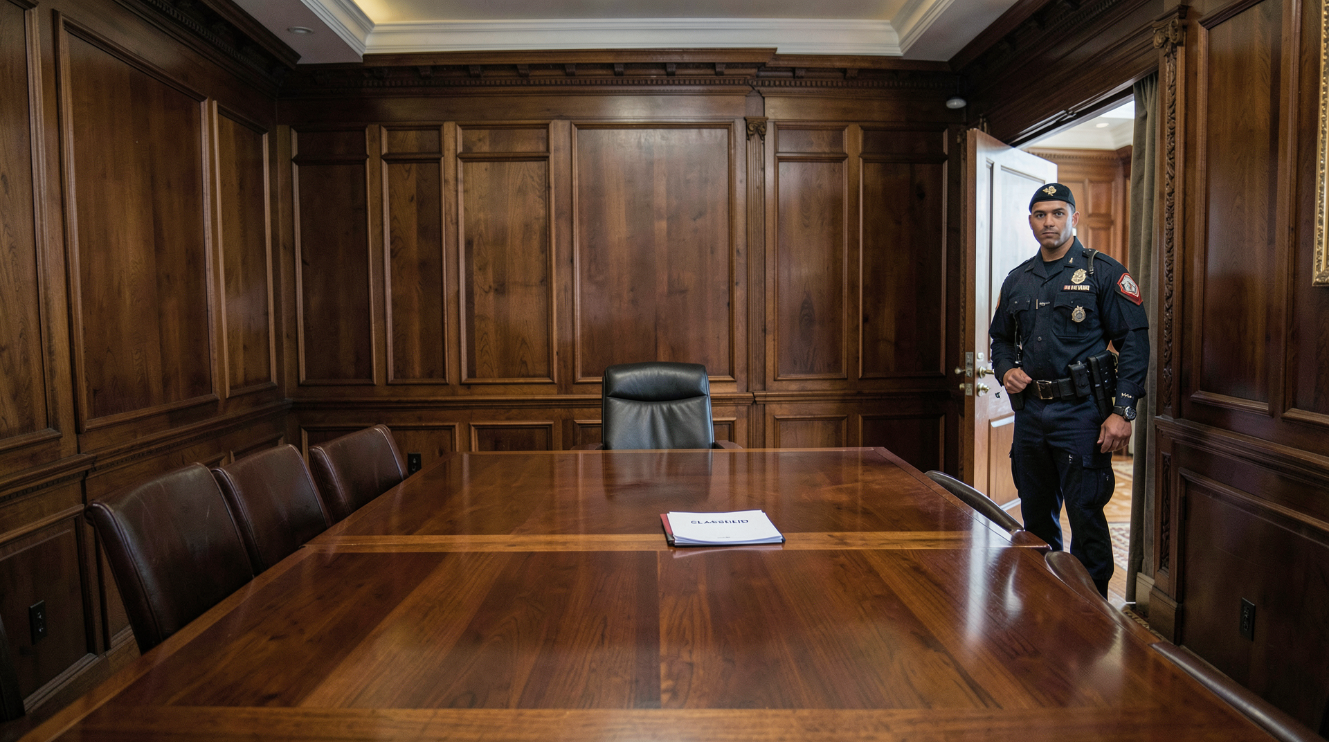 An empty conference table outside the Oval Office Thursday afternoon, two folders stamped CLASSIFIED on the corner, a Marine guard at the doorway.