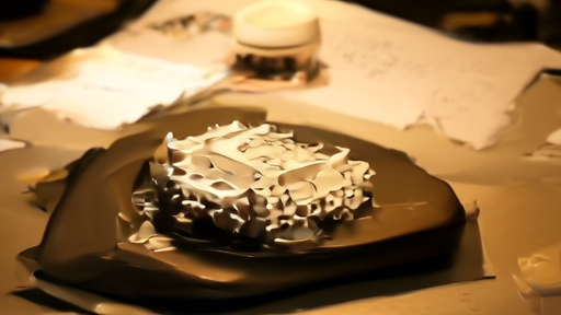 A wafer-scale processor on a black bench beside a printed roadshow deck