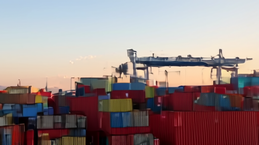 Shipping containers stacked at Shanghai Yangshan deep-water port at dawn, a gantry crane lifting a container above the stacks