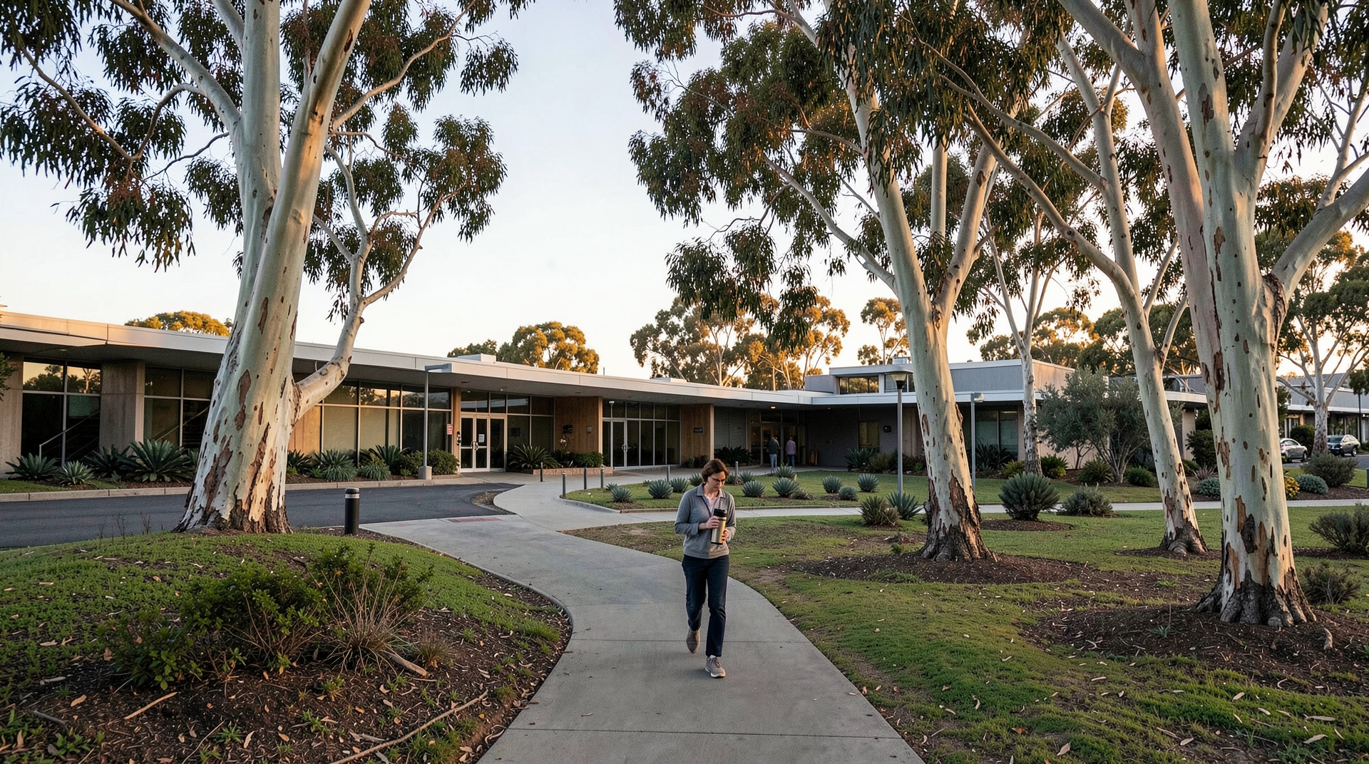 The J. Craig Venter Institute campus in La Jolla at first light, the eucalyptus stand near the genomics building, a single staff member walking with a thermos.