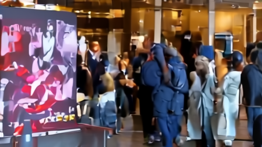 A New York theater lobby on Saturday afternoon with a Devil Wears Prada 2 standee, a small queue of moviegoers in afternoon dress