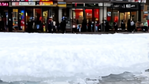 A massive block of ice at street level in downtown Toronto with a small crowd standing near it under overcast spring light.