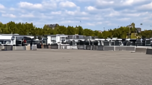 An exterior view of the Wiener Stadthalle with broadcast trucks and a quiet press paddock under spring sky.