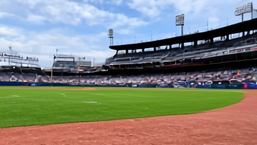 An empty Major League Baseball stadium at midday with a grounds crew preparing the infield.