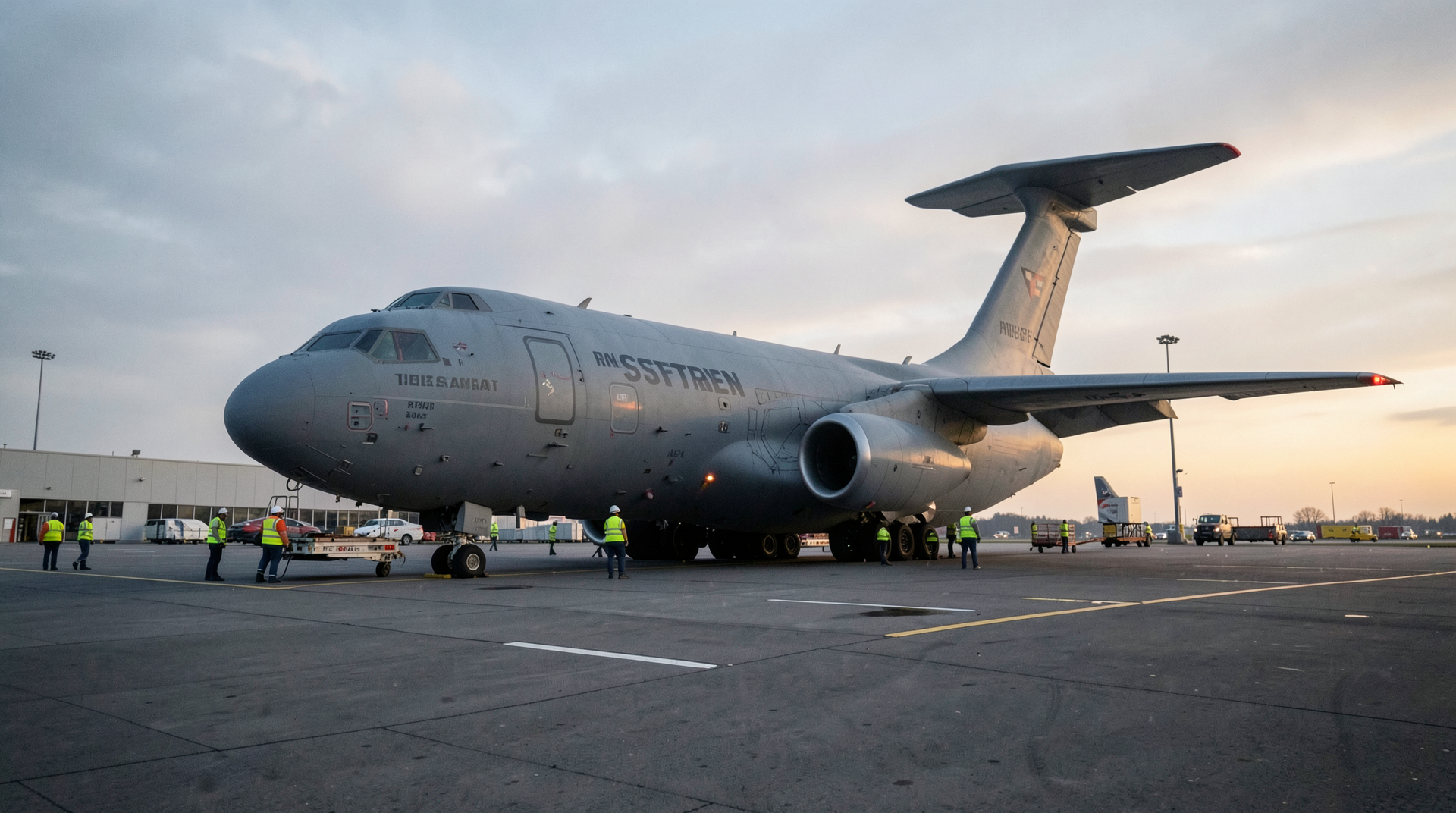 An American C-17 on the Ramstein Air Base flightline at first light, ground crew in reflective vests beside an empty pallet rack.