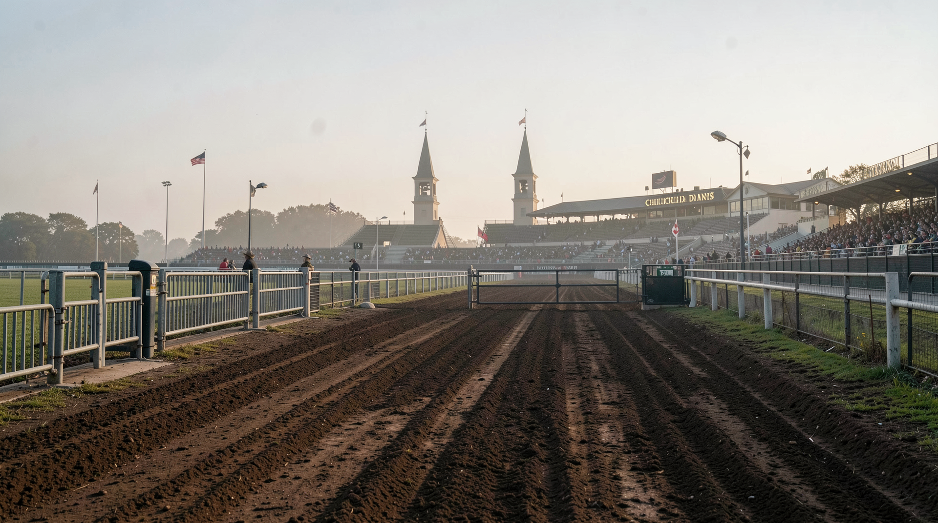 The Churchill Downs starting gate at first light, gate one closest to the rail, dirt freshly harrowed, the twin spires visible through the morning haze.
