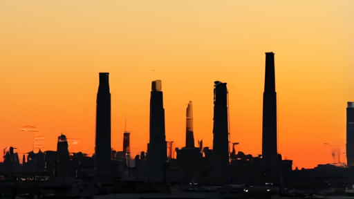 An Aramco refinery at twilight with cooling towers and pipework against a fading sky, a single security vehicle on the access road