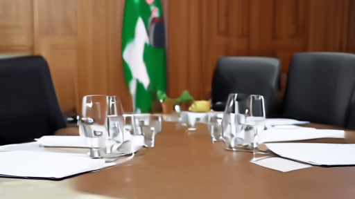 An empty conference table at the Pakistani foreign ministry with two folders set out and the Iranian and US flags absent