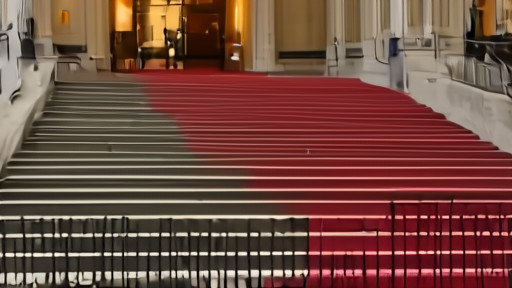The Metropolitan Museum's grand staircase at dusk with sponsorship signage and security barriers in place