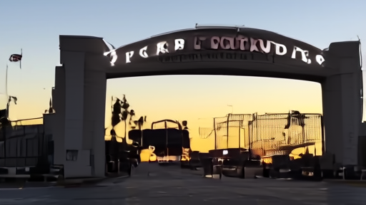 The Paramount Studios gate at sunset with the Bronson Avenue arch and a security kiosk in shadow