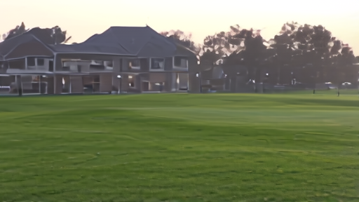 A wide view of a manicured golf-course clubhouse with practice-range flags and a golf-course green at first light.