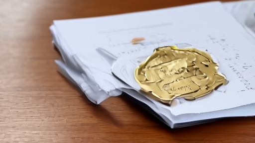A reporter's notebook beside a Pulitzer Prize gold medallion on a polished wood table, a court docket printout visible in the corner