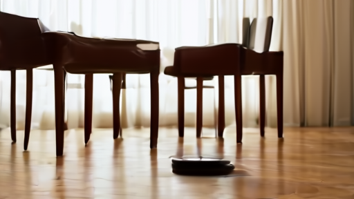 A cordless stick vacuum standing in a dock against a wood floor and a row of mid-century chairs in a sunlit living room