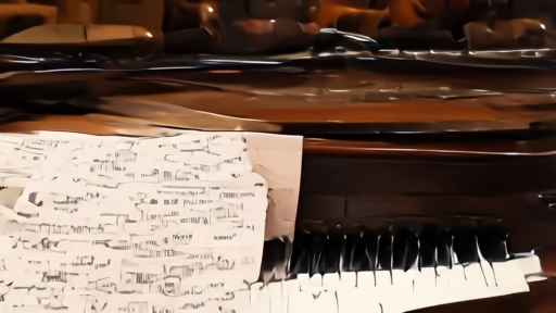 An empty grand piano on a small jazz club stage, the lid raised, a faded English big-band program on the bench