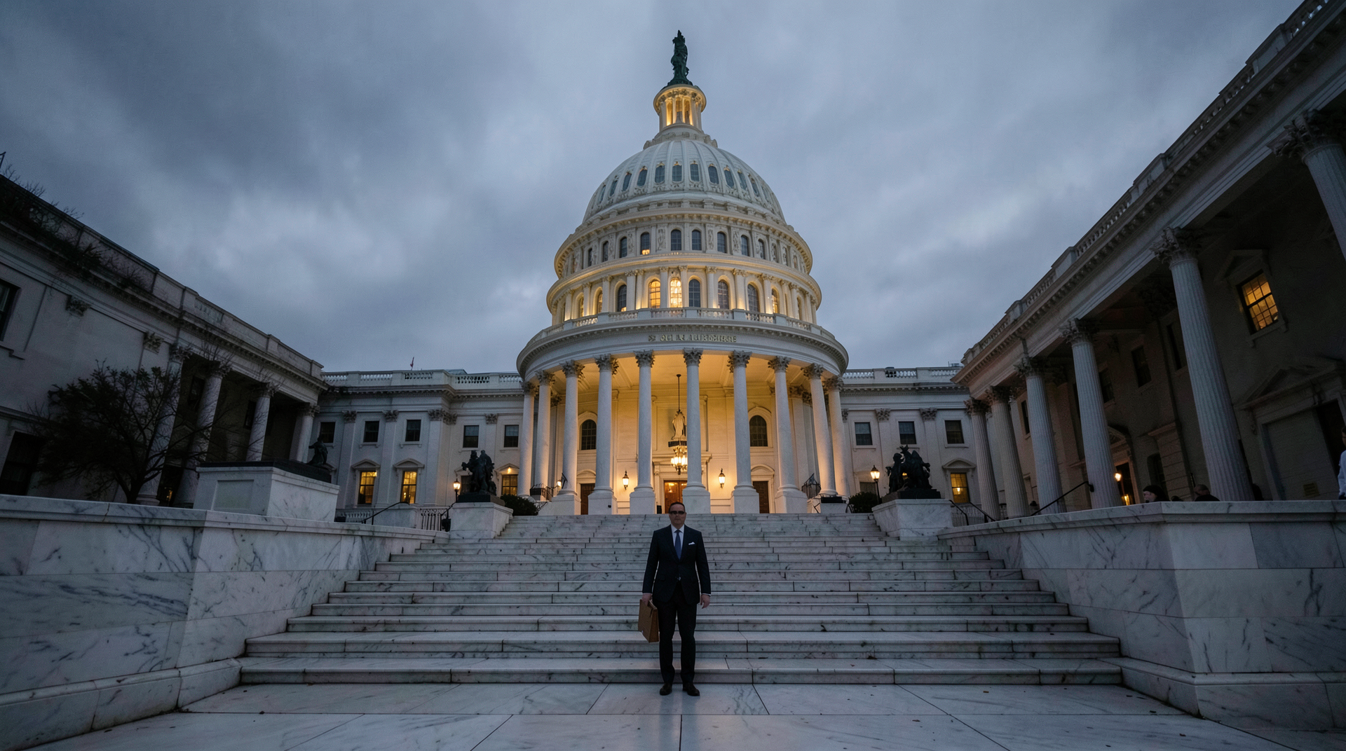 The Capitol dome at dusk on May 1 with the Senate cloakroom lights still on and the Speaker's office wing dark.