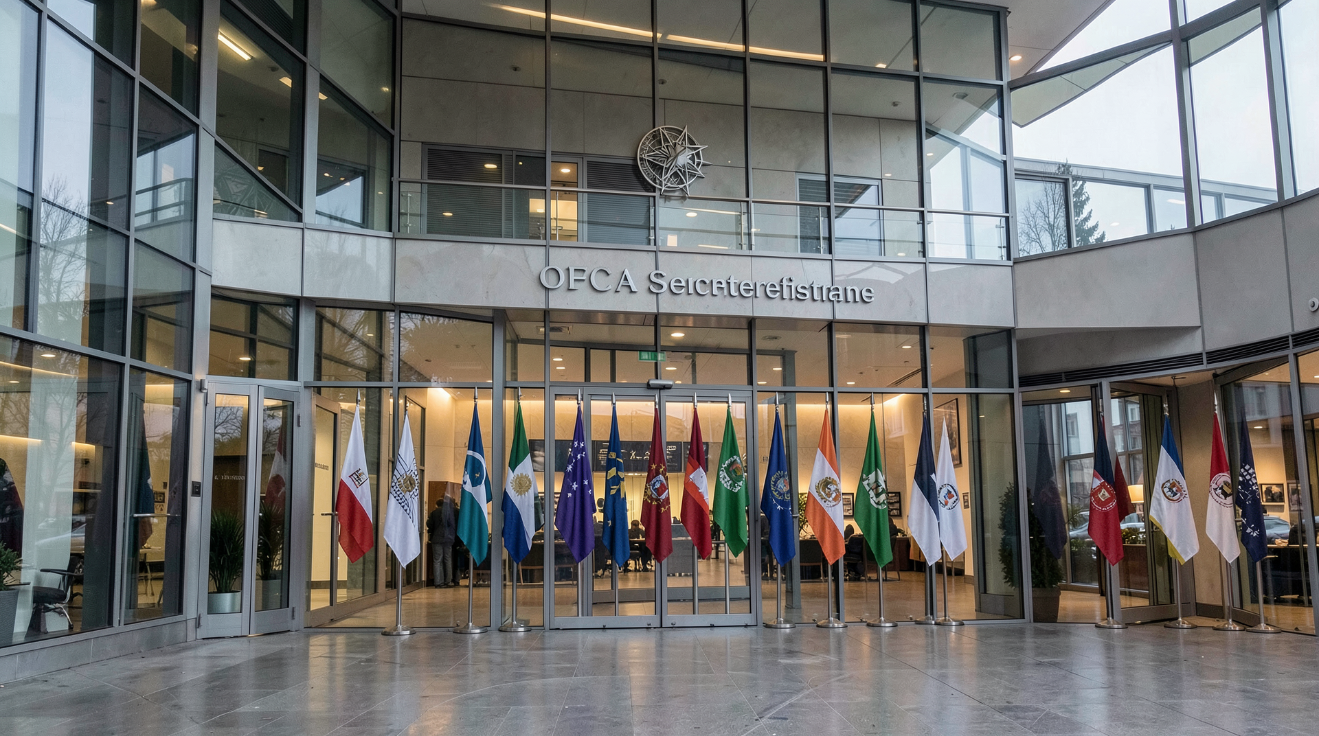 The OPEC Secretariat building on Helferstorferstrasse in Vienna at first light, the UAE flag absent from the line of member-state standards inside the lobby.