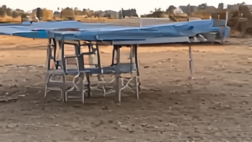 An empty UN-WFP food distribution table outside a humanitarian compound in eastern Sudan, dust-coated and unattended.