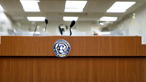 Empty Justice Department podium with the DOJ seal in a press briefing room, microphones unattended