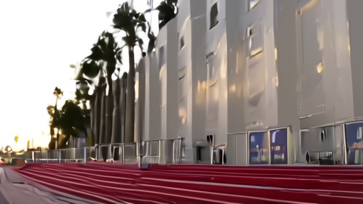 Palais des Festivals Cannes exterior with the festival poster on the facade and the red carpet steps below.