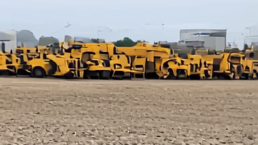 Yellow Caterpillar excavators and dump trucks lined up in a manufacturing yard with assembly building behind.