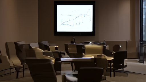 Quiet bank conference room at dusk with empty chairs and a projector showing a graph.