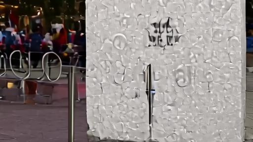 A reflective frosted block in a Toronto plaza at twilight, condensation dripping in even lines, the OVO crowd held back behind a metal rope