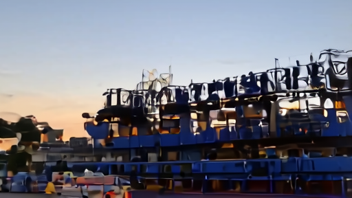 The Wiener Stadthalle exterior at dusk, blue rigging trusses visible above the load-in dock as cable runs and lighting crew unload to the side