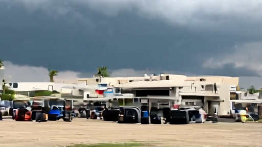 The Miami International Autodrome paddock late afternoon under heavy gulf cloud, mechanics rolling tyre stacks while the storm front darkens the western sky