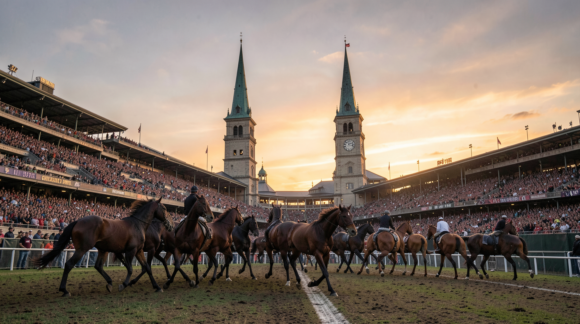 Twin Spires of Churchill Downs at sunset with horses in the stretch turn